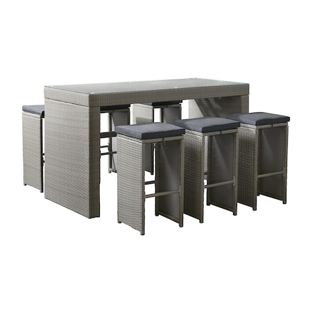 Alaterre Furniture Asti All-Weather Wicker 7-Piece Set Outdoor Dining Set with Pub Table with Glass Top and Six Stools AWWF078FF